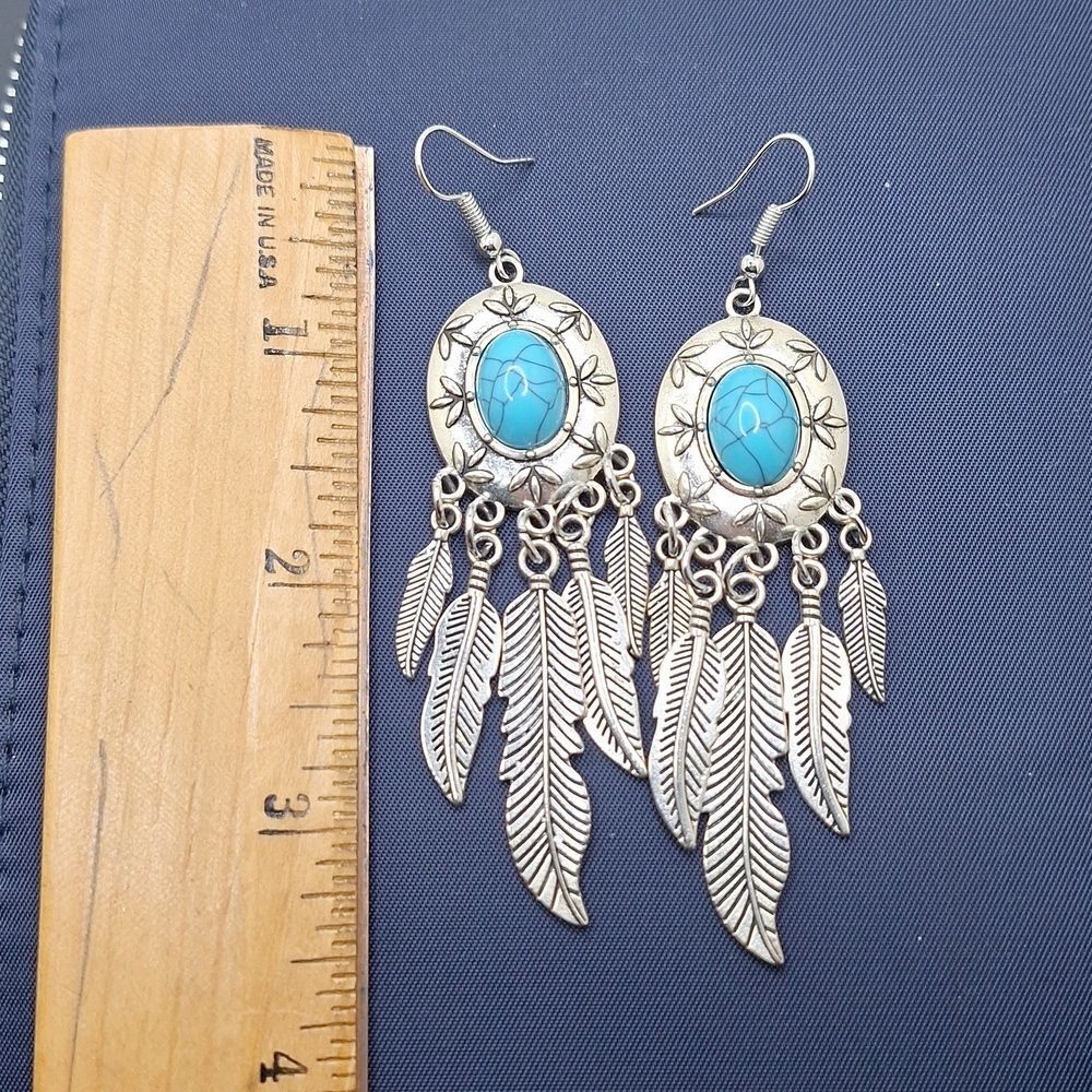 Silver dream catcher earrings with simulated turquoise feather drop earrings